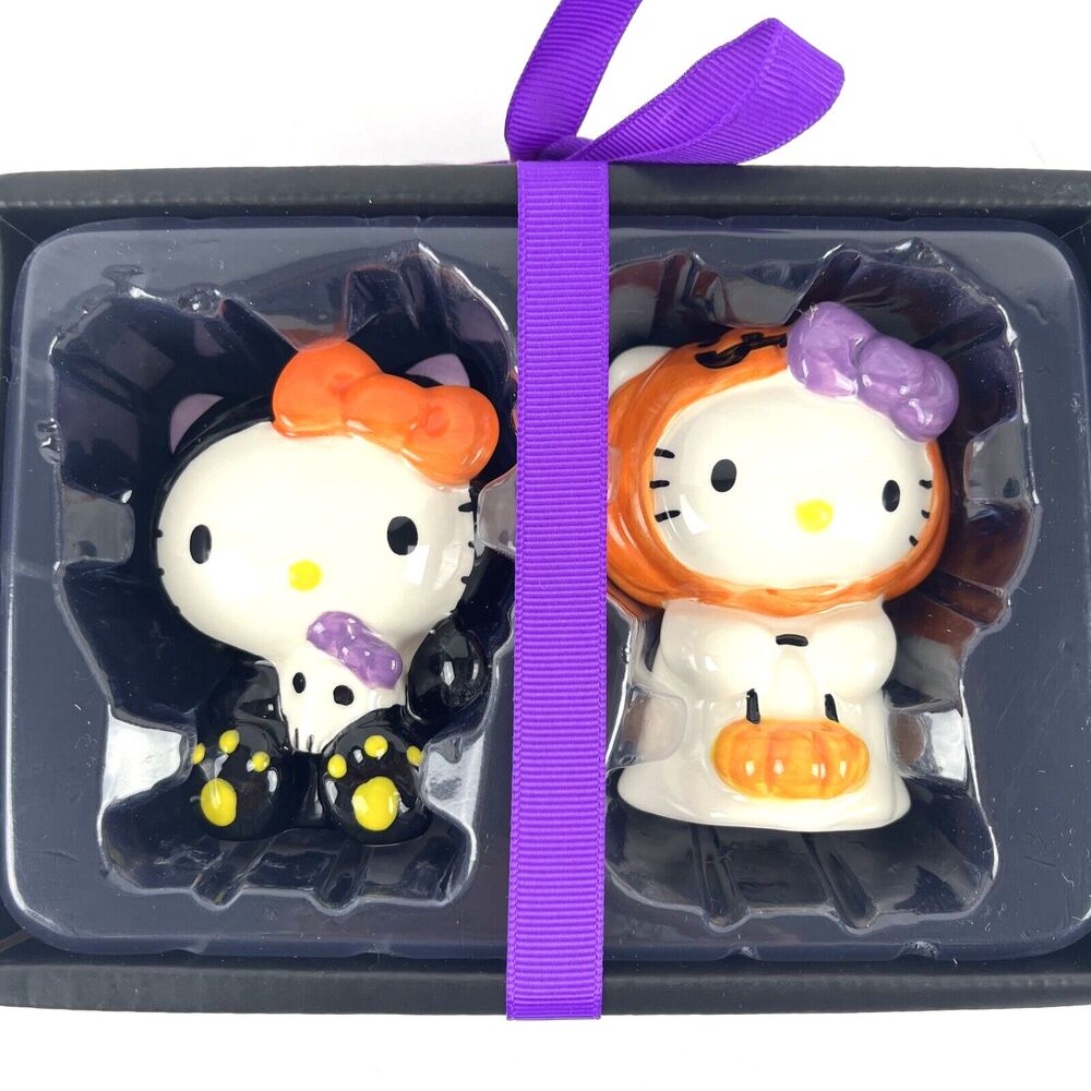 Hello Kitty Salt &Pepper Shakers Ghost and Skeleton Ceramic Figurines rare